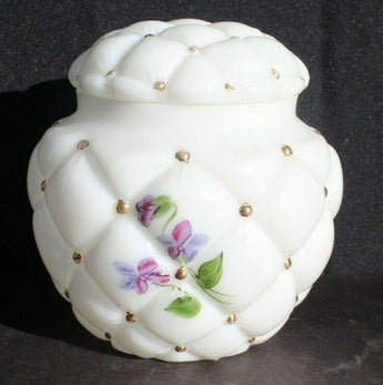 Vintage Antique Pin Cushion Design White Milk Glass Flowers Trinket Box / Jar