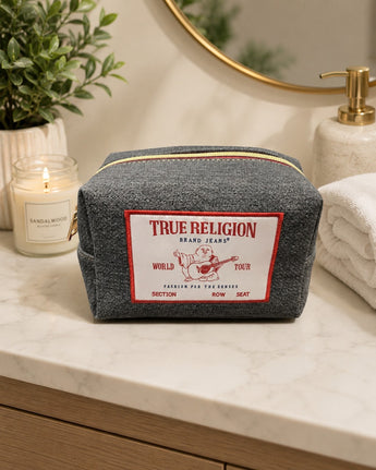 New TRUE RELIGION Brand Jeans Denim Makeup Buddha Logo Cosmetic Bag NWT