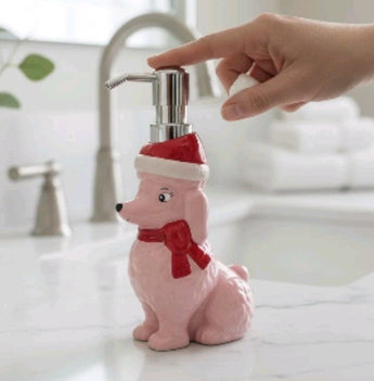 New Merry Christmas Dog Pink Poodle W/ Red Bow & Hat Girly Soap Dispenser Decor