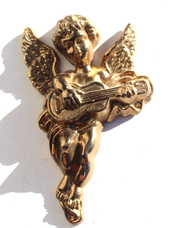 Vtg BRASS 1970s Angel W/ Wings Playing Guitar Christmas Decoration Wall Decor