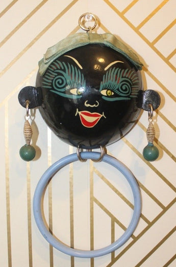 Vtg 1990s African American Folk Art Doll Tribal Girl Coconut Head Towel Holder