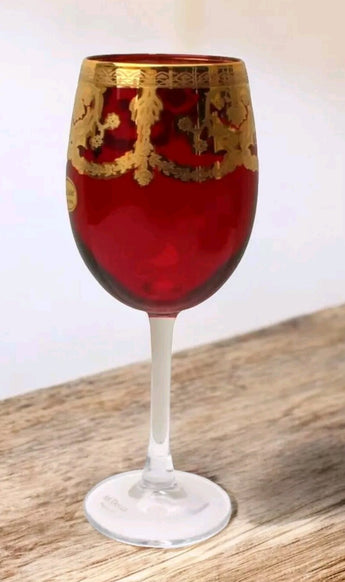 New Ornate Ruby Red Wine Glass W/ Real Gold Trim Decor Tall Goblets Italy