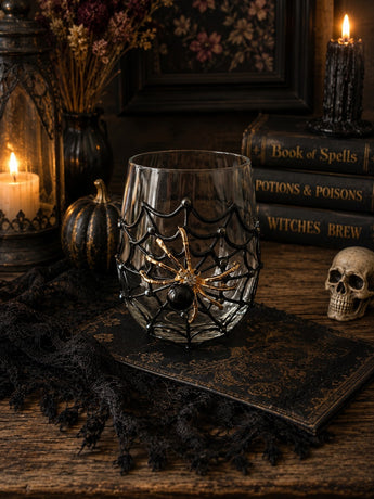NEW Black Widow Spider Web Rhinestone Skull Halloween Wine Tumbler Drink Glass