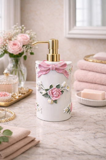 New Girly Victorian Soap Dispenser White & Pink W/ Roses Bathroon Vanity Decor