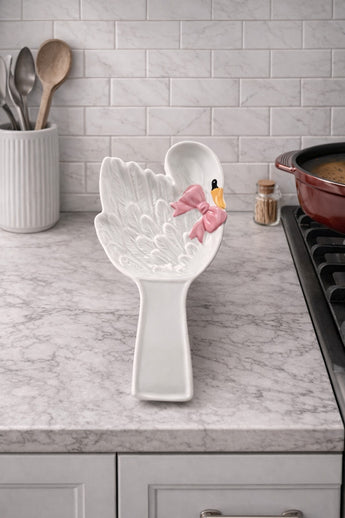 New Pink & White Girly Swan W/ Bow Kitchen Cooking Spoon Rest Decor
