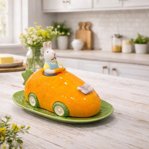 New Ceramic Funny Orange Easter Bunny Driving A Carrot Car Kitchen Butter Dish