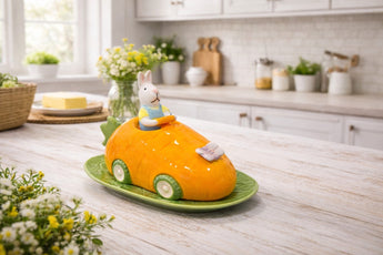 New Ceramic Funny Orange Easter Bunny Driving A Carrot Car Kitchen Butter Dish