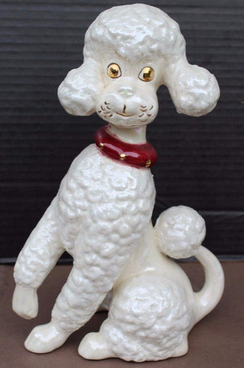 VTG White & Gold Retro Porcelain Large Happy POODLE Dog Sitting Figurine