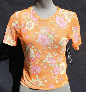 New Womens Girls Flower Mesh Groovy Retro Crop Top Emo Girl Indie Core Shirt