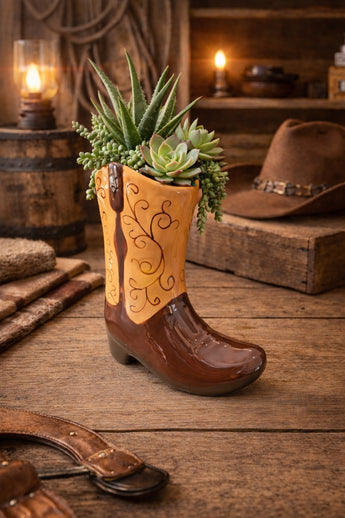 New Brown Western Cowboy Boot Decorative Flower Table Vase Room Decor