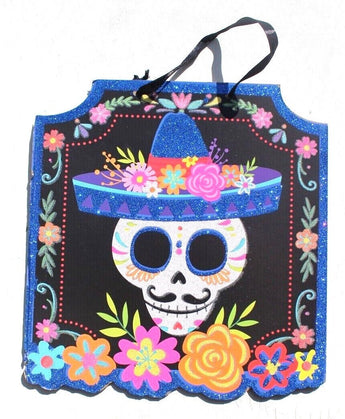 MALE Sugar Skull Day of the Dead Wall Hanging Sign Colorful Flowers Glitter New
