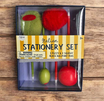 New Italian Stationery Set 2 Olive & 2 Tomato Black Ballpoint Pens Fuzzy Squishy