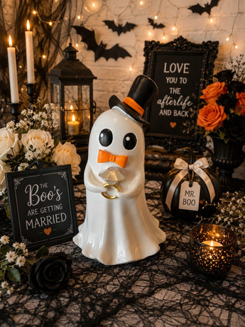New White Ghost Groom Holding Ring W/ top Hat Wedding Spooky Halloween Figurine
