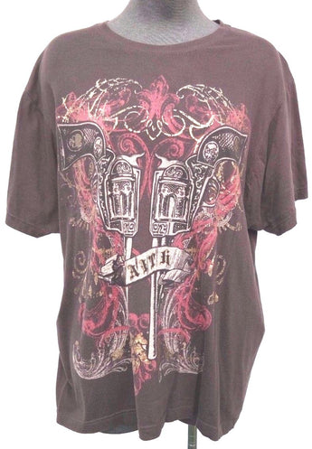 VTG Mens XXL Brown METALLIC Faith Gothic Trendy GUNS Hip Rocker Shirt