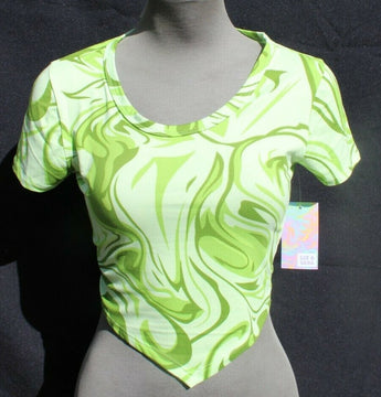 New Women's Green Girls Groovy SWIRLS Crop Top V Bottom Emo Girl Indie Core