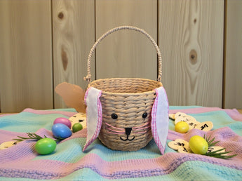 New Large Farmhouse Woven Rattan Pink Bunny Easter Basket W/ Ears Kids Girl