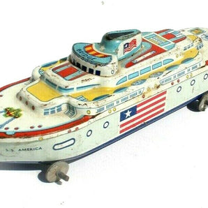 Vintage S.S. AMERICA 7" Tin Toy Ship WYANDOTTE TOYS Boat USA Lithograph Graphics