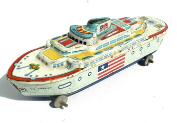 Vintage S.S. AMERICA 7" Tin Toy Ship WYANDOTTE TOYS Boat USA Lithograph Graphics