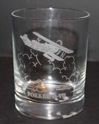 Vintage Glass Etched Fokker D-VII Flying Aircraft Aviation Class Cup Tumbler