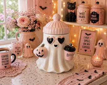 New Halloween WHITE Ghost W/ Beanie On Head & Coffee Holiday Cookie Jar Kitchen