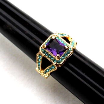 Vintage Art Nouveau Gold Gaudy Cocktail Blue W/ Purple Gemstone Ring Sz 8