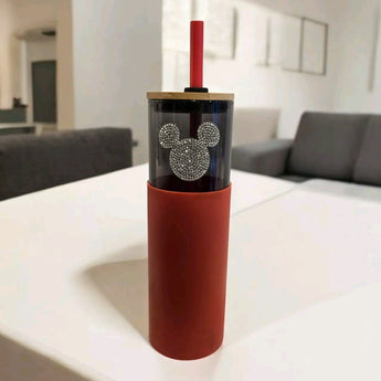 New Red / Black Modern Bling Disney Mickey Mouse Water Bottle W/ Straw Wood Top