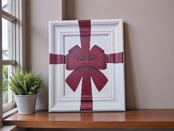 New Framed Christmas RED Ribbon Bow Wrapped Present Holiday Wall Art
