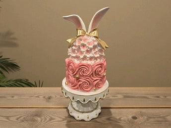 New Pink / Gold Flower Easter Bunny Ears Cake On Stand Resin Statue Decoration