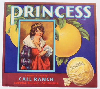 Vintage Princess Call Ranch Grown & Packed SUNKIST Fruit CRATE LABEL