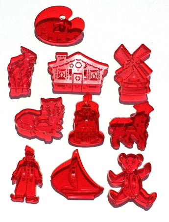 HRM Vintage Lot Of (10) Red Plastic Cookie Cutters Clown WITCH Cake CAT House