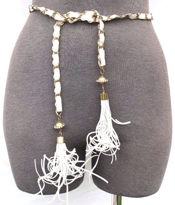 Vintage White Thin Velvet Gold Chain Tassel Tie Belt Casual Belt