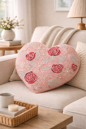 New Beaded Valentines Day Heart Flower Love Decorative Holiday Pillow 16"x16"