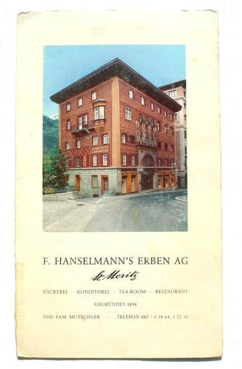 Vintage F. Hanselmann's Erben AG Switzerland Restaurant / Tea Room Menu