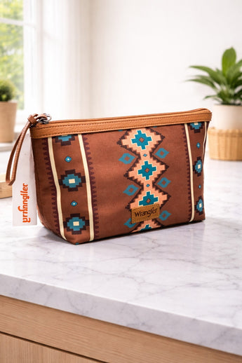 New Wrangler Brown Boho Western Aztec Cosmetic Bag Zipper Travel Makeup Case