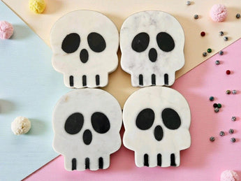 New Lots 4 Marbel Inlay Skeleton Heads Halloween Fall Spooky Drink Coasters