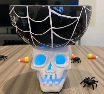 New Light Up Black & White Skeleton Spider Web Halloween Candy Dish Bowl Spooky