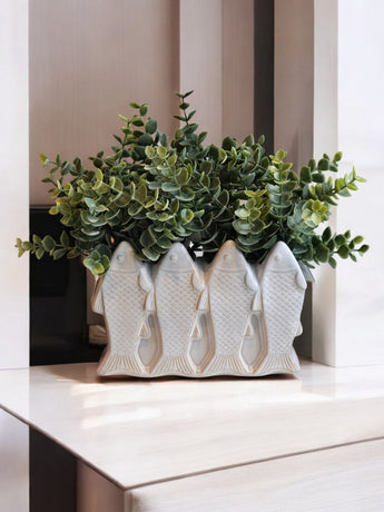 New White Artificial Plant W/Ceramic Fish Planter Vase Coastal Nautical Decor