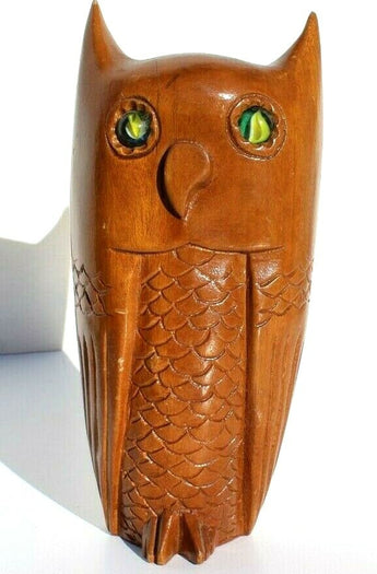 Vtg MCM Handcarved Wood Brown Owl W/ Cat Eye Marble Eyes Figurine Statue Decor