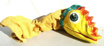 Vintage Hand Made Yellow Lizard Snake Dinosaur Kids Play Hand Puppet