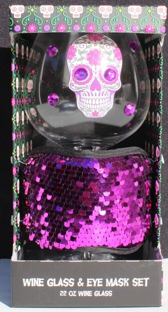 NEW Sugar Skull Gemstone Eyes Day Of The Dead WINE GLASS & Eye Mask Set 22oz