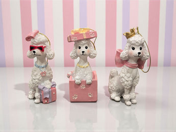 New Holiday Pink / White Girly 3 Poodle Hanging Christmas Tree Ornaments