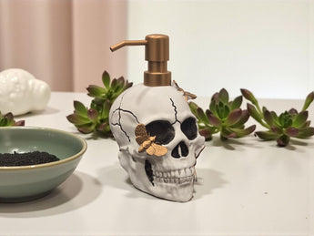 New White Skull W/ Gold Butterflies Halloween Soap Dispenser Spooky Decoration