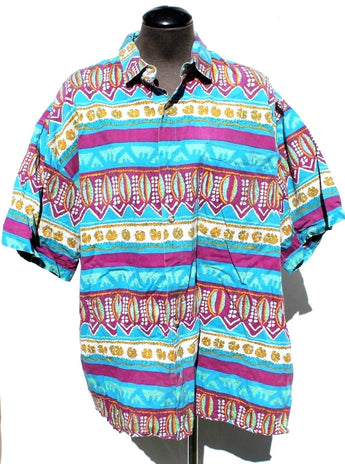 Vintage ACA Aztec Hawaiian Beach Retro BUTTON Collar SHIRT X-Large