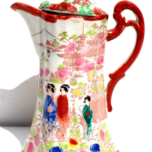Vintage Japanese Tea Chocolate Pot hand Painted Gisha's in Flower Garden Red