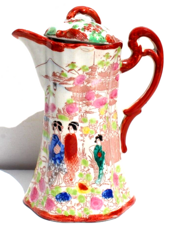 Vintage Japanese Tea Chocolate Pot hand Painted Gisha's in Flower Garden Red