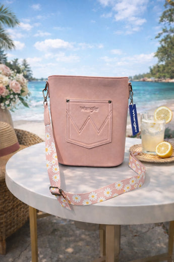 New Wrangler Pink Daisy Floral Crossbody Bucket Bag Vegan Leather Guitar Strap