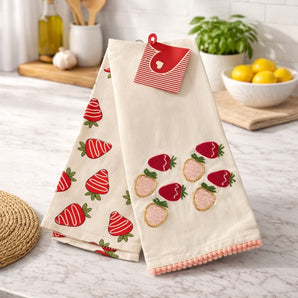 New Set 2 Valentines Day Love Pink Covered Strawberry Beaded Kitchen Towels