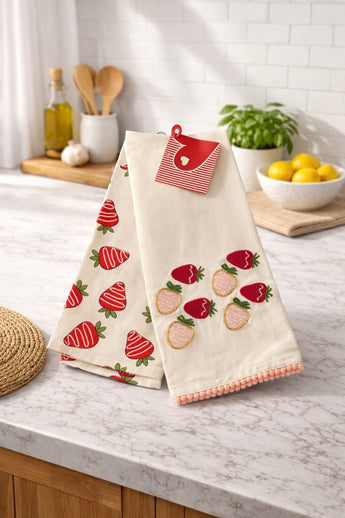 New Set 2 Valentines Day Love Pink Covered Strawberry Beaded Kitchen Towels