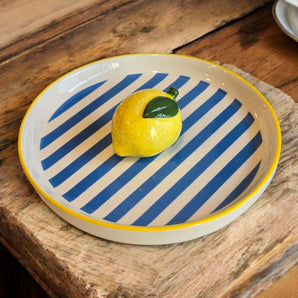 New Blue & White Stripped Country Farmhouse Lemon Large Ceramic Trinket Tray