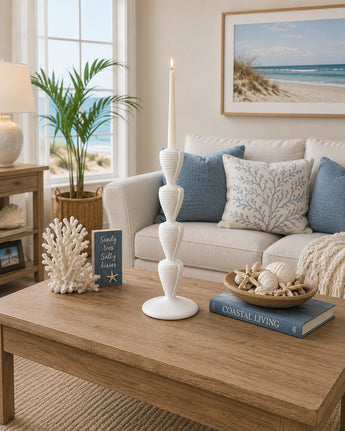 New Large White Beach Coastal Nautical Seashell Candle Holder Table Room Decor